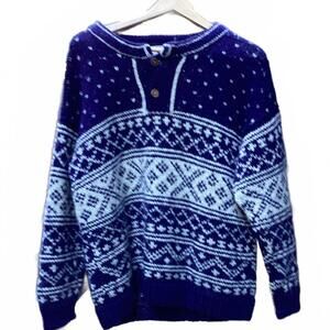 😀Yeti vintage 100% wool hand knit chunky utility sweater blue multi pattern Med